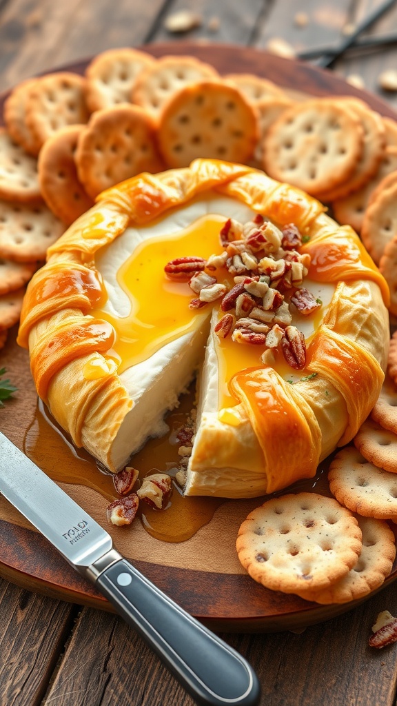Baked brie cheese in pastry with honey and nuts served with crackers on a wooden board.